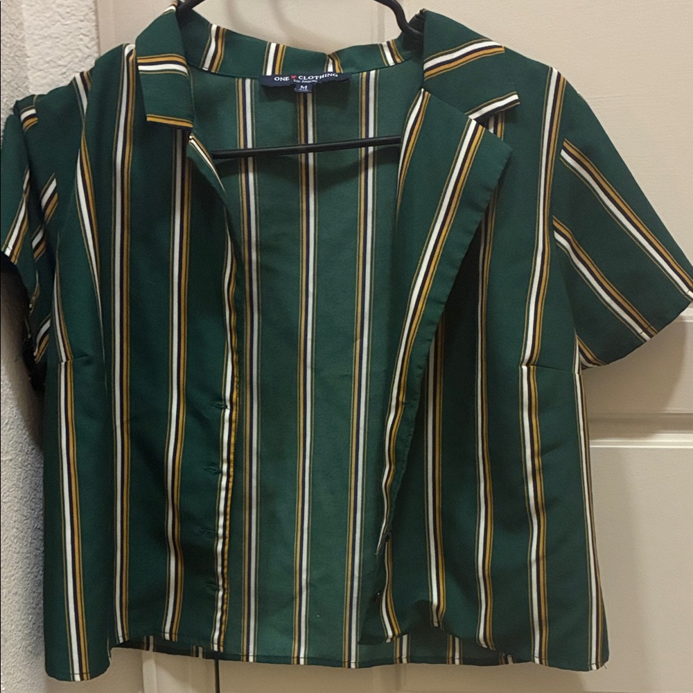 One Clothing Green Short Sleeve Button-Down with Cream and Gold Stripes